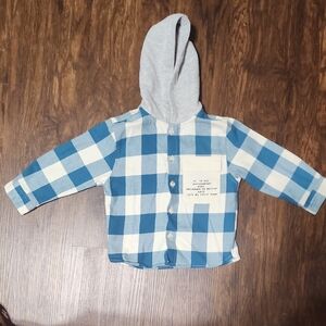 Zara Blue and White Checkered Kids Shirt with Gray Hood